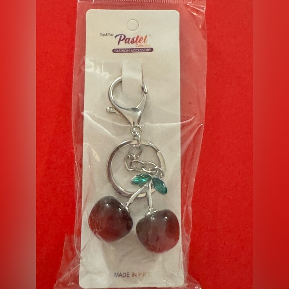 Pretty Cherry Bag Charm NIP With Rhinestones Silver Tone Lobster Clasp Keychain - Picture 10 of 14